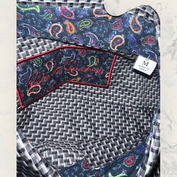 Robert Graham Black White Long Sleeve Flip Cuff Button Up Dress Shirt Medium - Picture 7 of 8